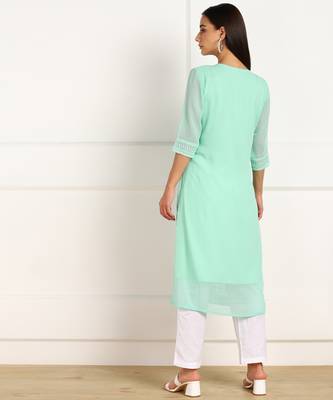 Turquoise embroidered georgette chikankari-kurtis 2