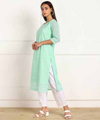 Turquoise embroidered georgette chikankari-kurtis 3
