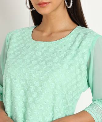 Turquoise embroidered georgette chikankari-kurtis 4