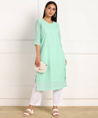 Turquoise embroidered georgette chikankari-kurtis 5