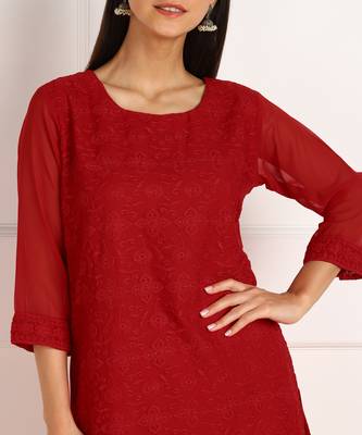 Red embroidered georgette chikankari-kurtis 4
