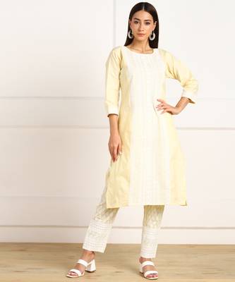 Yellow embroidered cotton chikankari-kurtis 1