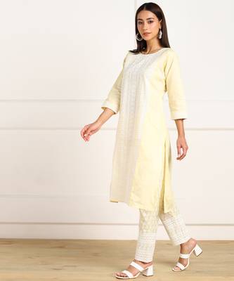 Yellow embroidered cotton chikankari-kurtis 3