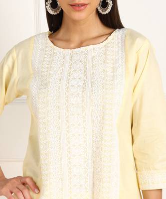Yellow embroidered cotton chikankari-kurtis 4