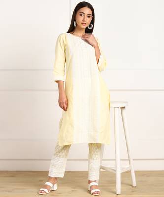 Yellow embroidered cotton chikankari-kurtis 5