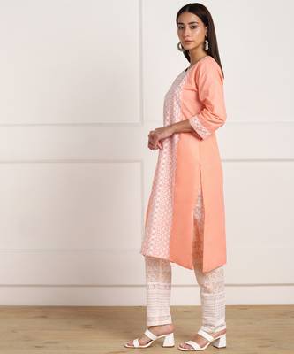 Orange embroidered cotton chikankari-kurtis 3
