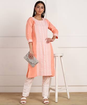 Orange embroidered cotton chikankari-kurtis 5
