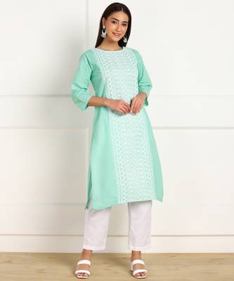 Turquoise embroidered cotton chikankari-kurtis 1