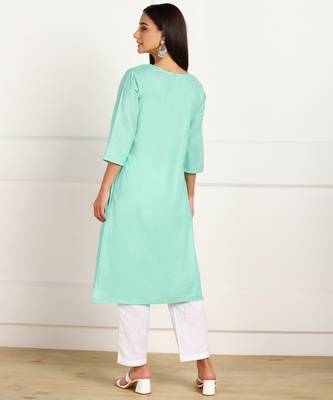 Turquoise embroidered cotton chikankari-kurtis 2
