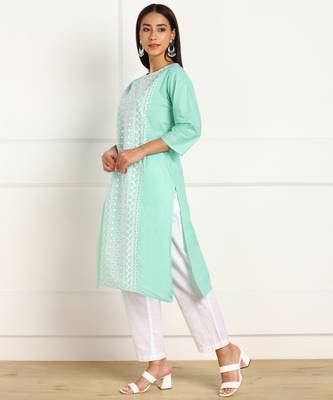 Turquoise embroidered cotton chikankari-kurtis 3