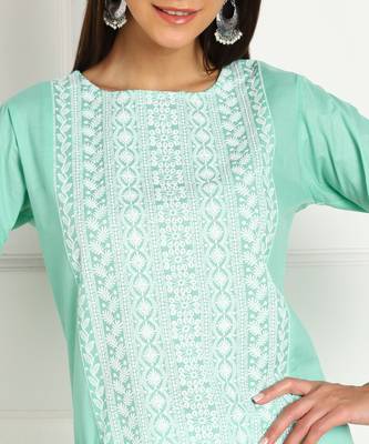 Turquoise embroidered cotton chikankari-kurtis 4