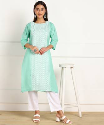 Turquoise embroidered cotton chikankari-kurtis 5