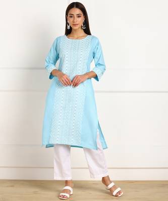 Blue embroidered cotton chikankari-kurtis 1