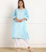 Blue embroidered cotton chikankari-kurtis