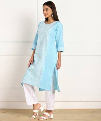 Blue embroidered cotton chikankari-kurtis 3