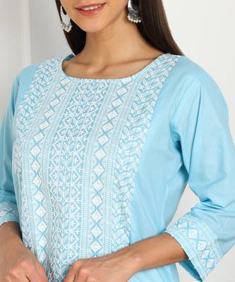 Blue embroidered cotton chikankari-kurtis 4