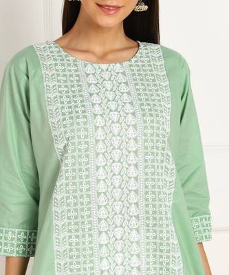 Green embroidered cotton chikankari-kurtis 4