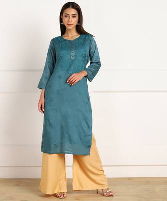 Blue embroidered chanderi kurtas-and-kurtis 1