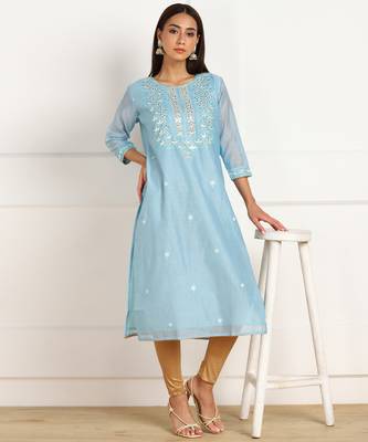 Blue embroidered chanderi kurtas-and-kurtis 5