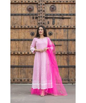 chikenkari work gown in cotton cambric fabric along with net dupatta with bijiya work 1