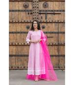 chikenkari work gown in cotton cambric fabric along with net dupatta with bijiya work