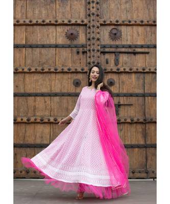 chikenkari work gown in cotton cambric fabric along with net dupatta with bijiya work 2