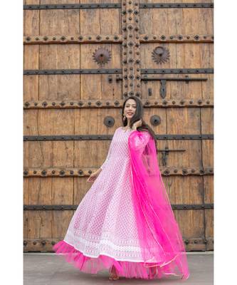 chikenkari work gown in cotton cambric fabric along with net dupatta with bijiya work 3