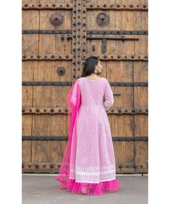 chikenkari work gown in cotton cambric fabric along with net dupatta with bijiya work 4