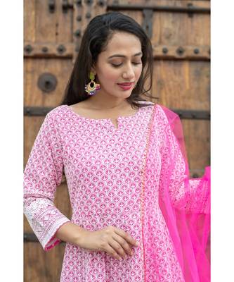chikenkari work gown in cotton cambric fabric along with net dupatta with bijiya work 5