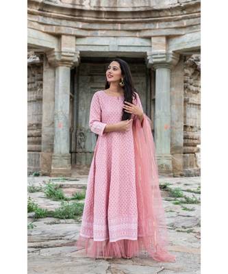 chikenkari work gown in cotton cambric fabric along with net dupatta with bijiya work 1