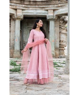 chikenkari work gown in cotton cambric fabric along with net dupatta with bijiya work 3
