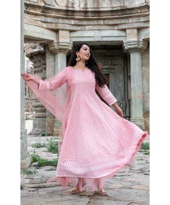 chikenkari work gown in cotton cambric fabric along with net dupatta with bijiya work 4
