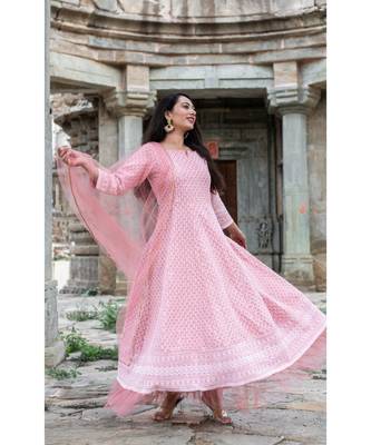chikenkari work gown in cotton cambric fabric along with net dupatta with bijiya work 5