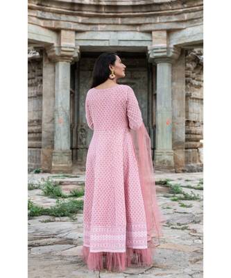 chikenkari work gown in cotton cambric fabric along with net dupatta with bijiya work 6