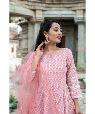 chikenkari work gown in cotton cambric fabric along with net dupatta with bijiya work 7