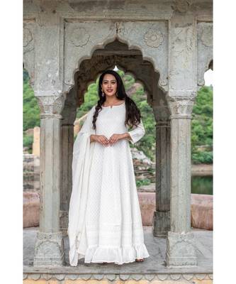 chikenkari work gown in cotton cambric fabric along with georgette dupatta with bijiya work 1