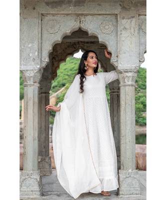 chikenkari work gown in cotton cambric fabric along with georgette dupatta with bijiya work 2
