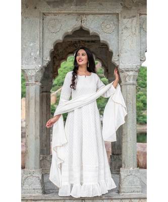 chikenkari work gown in cotton cambric fabric along with georgette dupatta with bijiya work 3