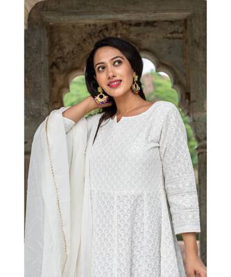 chikenkari work gown in cotton cambric fabric along with georgette dupatta with bijiya work 4