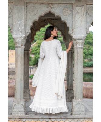 chikenkari work gown in cotton cambric fabric along with georgette dupatta with bijiya work 5