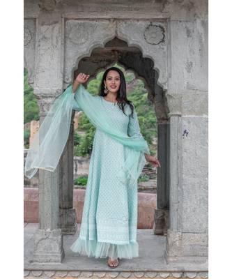 chikenkari work gown in cotton cambric fabric along with net dupatta with bijiya work 1