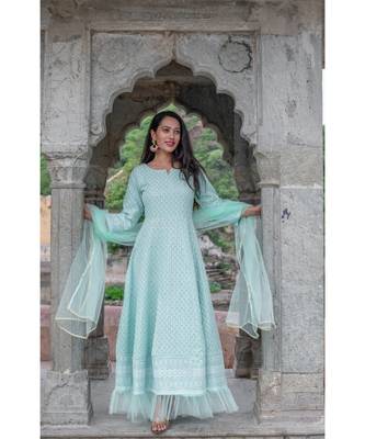 chikenkari work gown in cotton cambric fabric along with net dupatta with bijiya work 2