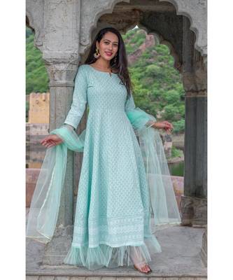 chikenkari work gown in cotton cambric fabric along with net dupatta with bijiya work 3