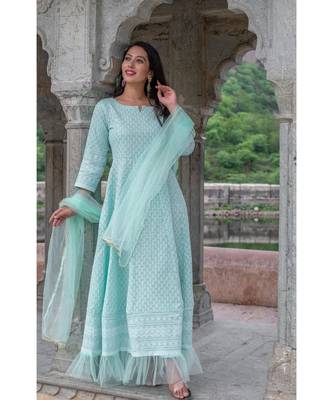 chikenkari work gown in cotton cambric fabric along with net dupatta with bijiya work 4