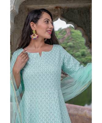 chikenkari work gown in cotton cambric fabric along with net dupatta with bijiya work 5