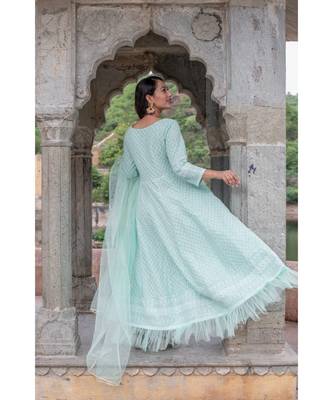 chikenkari work gown in cotton cambric fabric along with net dupatta with bijiya work 6