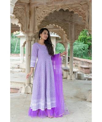 chikenkari work gown in cotton cambric fabric along with net dupatta with bijiya work 1