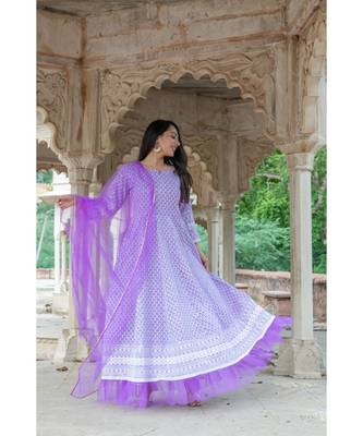 chikenkari work gown in cotton cambric fabric along with net dupatta with bijiya work 2