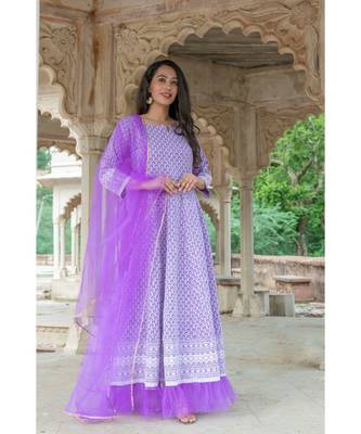 chikenkari work gown in cotton cambric fabric along with net dupatta with bijiya work 3