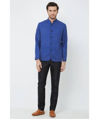 plain Blue linen bandhgala suit 1